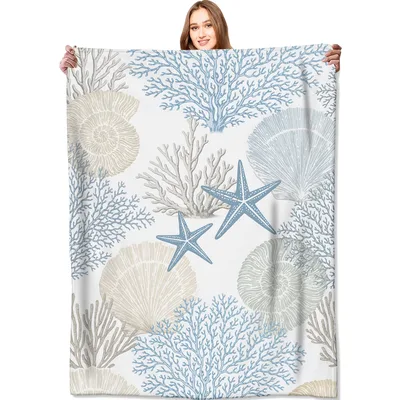 Coastal Seashell Starfish Blanket: Nautical Coral and Shell Design