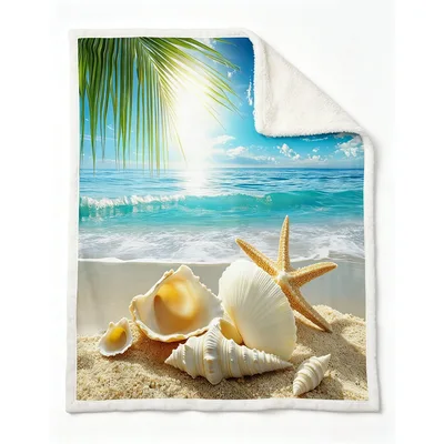 Beach Ocean Seashells Blanket Coastal Scene with Starfish and Shells