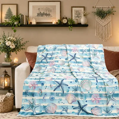 Seashell Starfish Coastal Beach Blanket Ocean Print Throw