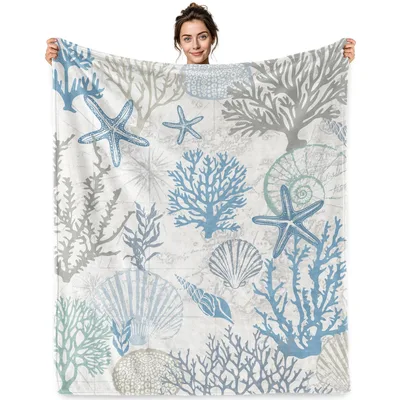 Coastal Ocean Coral Seashells Blanket: Underwater Life Throw