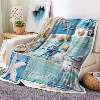 Nautical Beach Ocean Decor Blanket: Starfish and Ship Wheel Design