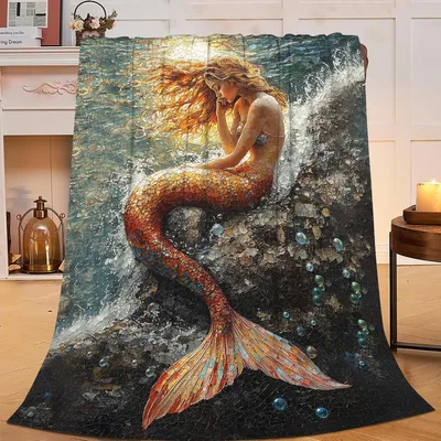 Mermaid Ocean Art Blanket: Mosaic Siren on Rocky Waves