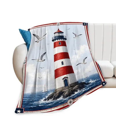 Lighthouse Nautical Coastal Blanket featuring a classic red
