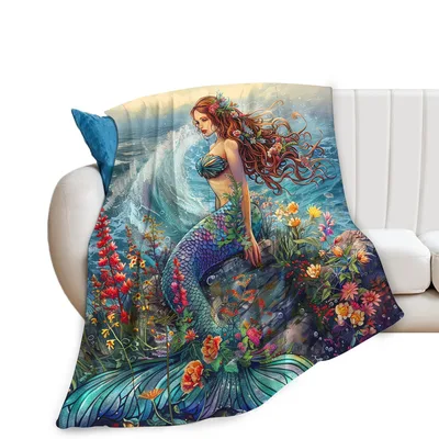 Mermaid Ocean Fantasy Blanket: A Floral Siren on a Rocky Shore