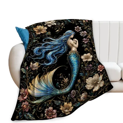 Mermaid Floral Art Blanket: Enchanted Siren with Vintage Garden