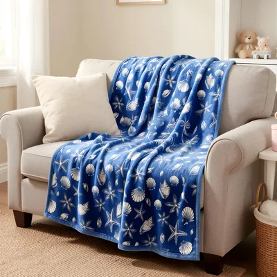 Seashell Starfish Ocean Pattern Blanket featuring white shells