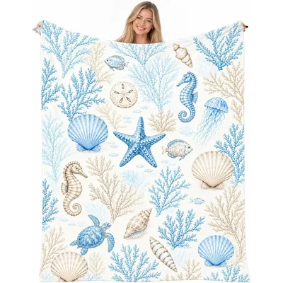 Ocean Coastal Beach Blanket: Seashell and Seahorse Pattern