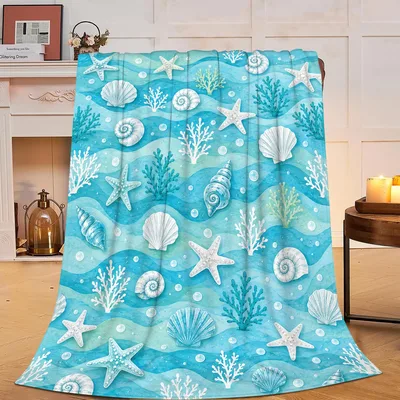 Coastal Ocean Seashell Blanket: Blue Wave and Starfish Throw