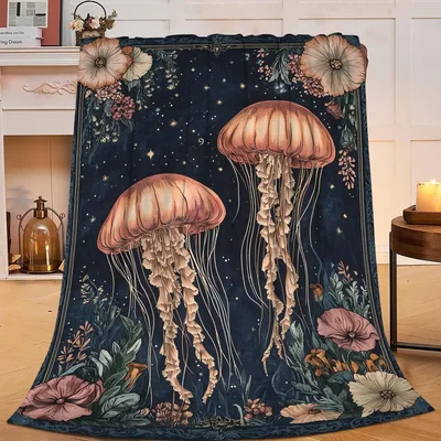 Jellyfish Ocean Botanical Blanket: Vintage Jellyfish and Floral Throw