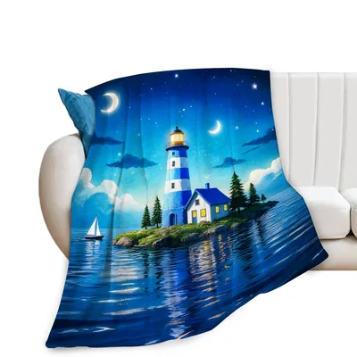 Lighthouse Nautical Night Scene Blanket: Coastal Island Illustration