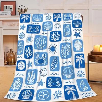 Coastal Beach Theme Blanket: Blue Marine Life and Palm Tree Pattern