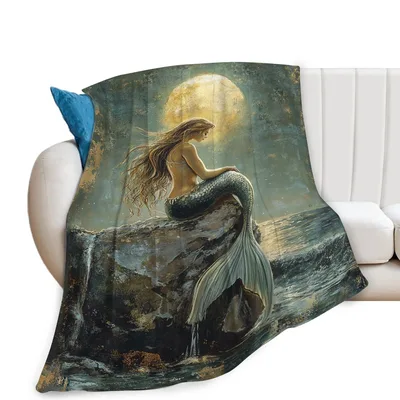 Mermaid Moon Ocean Art Blanket: Enchanted Siren on Rocky Coast