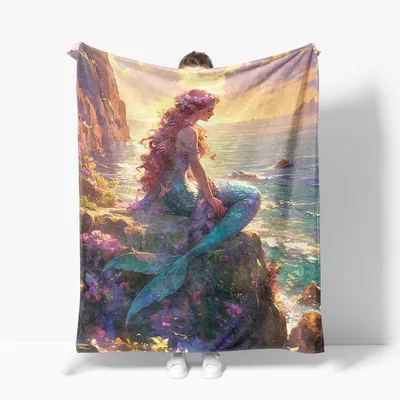 Mermaid Ocean Sunset Blanket: A Serene Fantasy Scene on the Coast