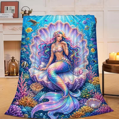 Mermaid on Pearl Clamshell Blanket: Rainbow Scales and Coral Reef