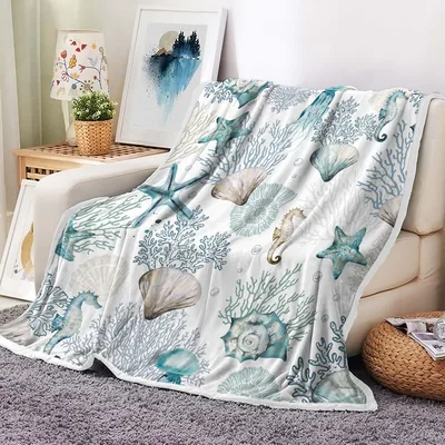 Coastal Beach Seashell Blanket: Ocean Life Throw for Home Decor