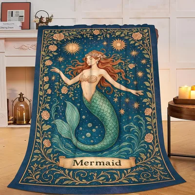 Mermaid Fantasy Art Blanket: Mystical Siren with Roses and Stars