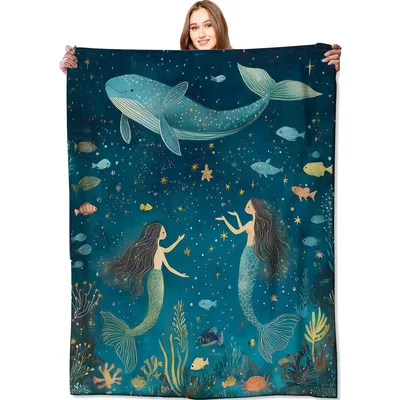 Mermaid Whale Ocean Design Blanket featuring a spotted whale