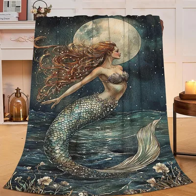 Mermaid Under Full Moon Blanket featuring a red-haired siren