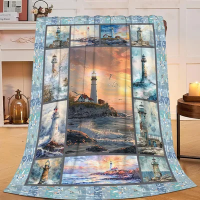 Lighthouse Ocean Waves Blanket: Coastal Lighthouse Collage Throw