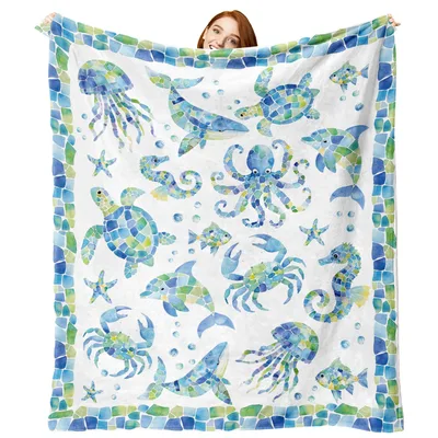 Sea Turtles Ocean Animals Blanket: Mosaic Sea Life Design