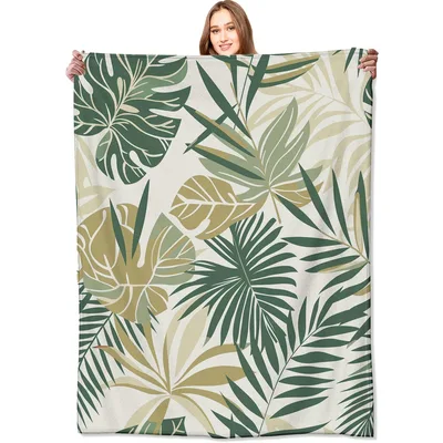 Tropical Leaves Botanical Blanket Lush Green and Gold Pattern