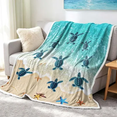 Sea Turtle Beach Coastal Blanket: Ocean Life and Starfish Design