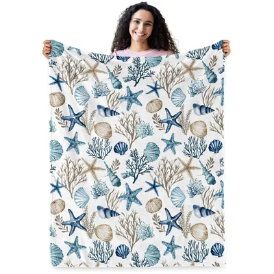 Watercolor Seashells and Starfish Blanket Coastal Art for Ocean Lovers