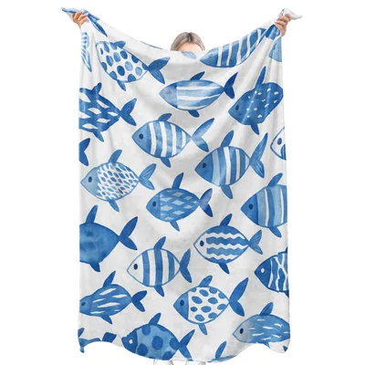 Blue Fish Pattern Blanket: Hand-Painted Blue and White Sea Life Design