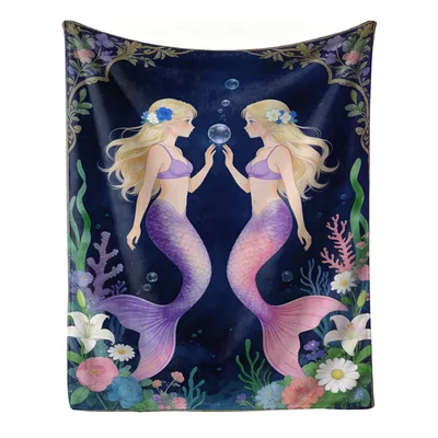 Two Mermaids with Bubbles Blanket: Fantasy Ocean Art for Dreamers