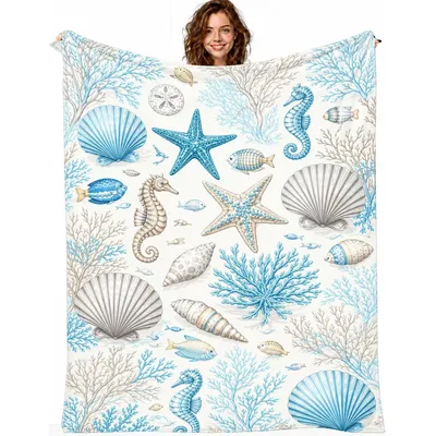 Ivory Sea Coral Blanket: Coastal Starfish and Seashell Design