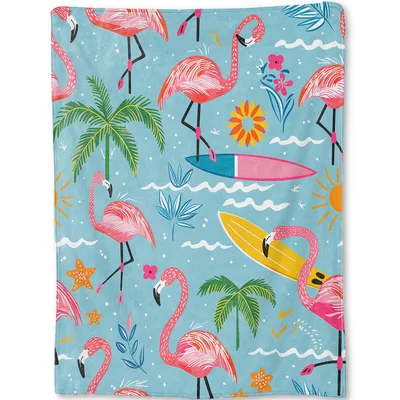 Flamingo Tropical Beach Blanket: Surfing Pink Birds and Palm Trees
