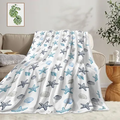 Starfish and Seashells Pattern Blanket Coastal Ocean Beach Throw