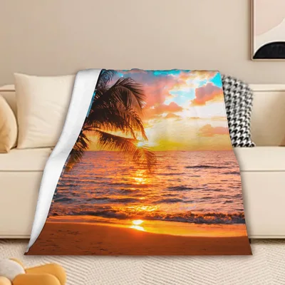 Tropical Beach Sunset Blanket: Palm Tree and Golden Ocean View