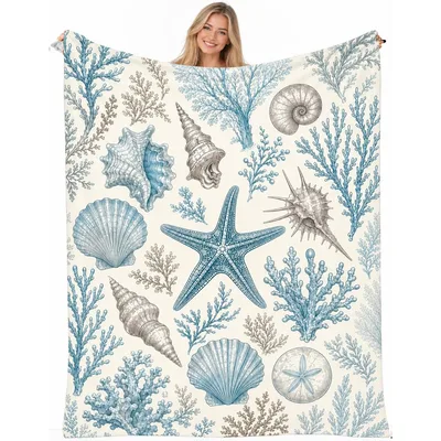 Vintage Coastal Shells Blanket: Seashell and Starfish Ocean Print