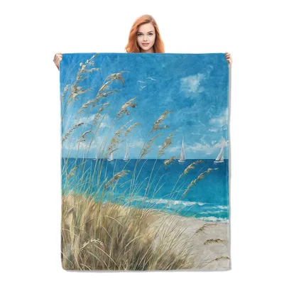 Beach Ocean Sailboats Blanket: Coastal Reeds and Blue Sea View