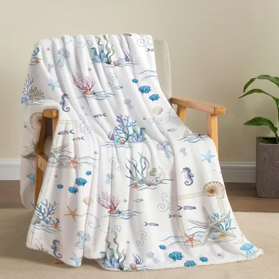 Watercolor Ocean Life Seashells Blanket: Coastal Critters and Coral
