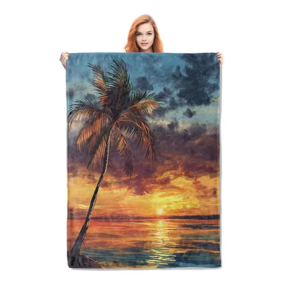 Palm Tree Sunset Beach Blanket: Tropical Coastline Art for Cozy Days
