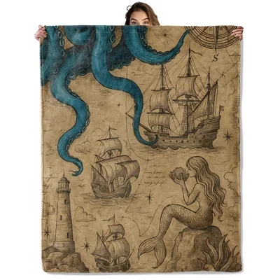 Nautical Octopus Mermaid Blanket: Vintage Sea Map Design