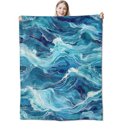 Ocean Waves Watercolor Blanket: Blue Sea Art for Coastal Homes