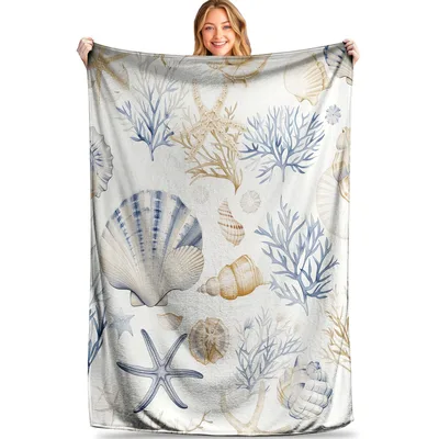 Ivory Coral Reef Scallop Blanket: Coastal Seashell and Starfish Design