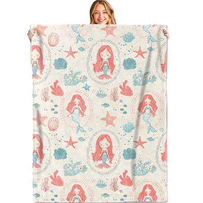 Mermaid Starfish Coral Pattern Blanket: Red-Haired Siren Design