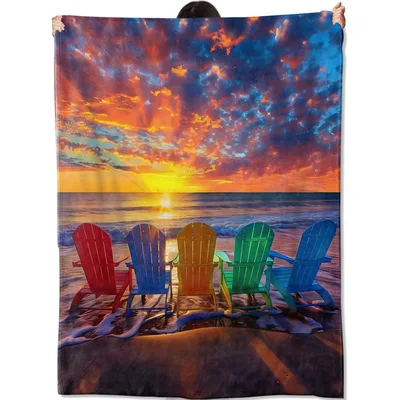 Beach Sunset Chairs Blanket: Colorful Adirondack Chairs on Ocean View