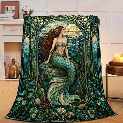 Mermaid Stained Glass Art Blanket: Retro Ocean Siren Design