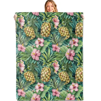 Tropical Pineapple Hibiscus Blanket: Lush Floral and Fruit Pattern