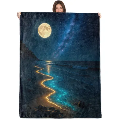 Moon Beach Night Ocean Blanket: Glowing Milky Way Shoreline Design