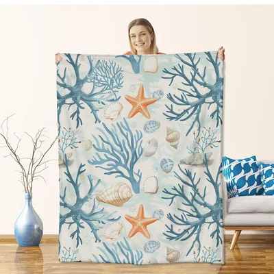 Coastal Coral Reef Seashells Blanket featuring blue coral branches