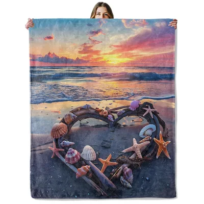 Beach Sunset Seashells Blanket: Coastal Heart Driftwood Art