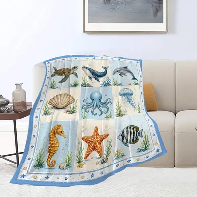 Ocean Sea Life Blanket: A Grid of Marine Animals and Shells