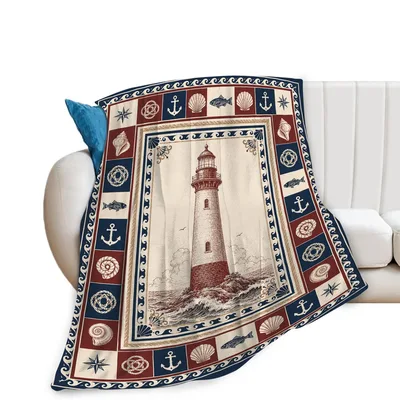 Vintage Nautical Lighthouse Scene Blanket: Coastal Tower Design