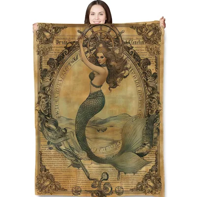 Vintage Mermaid Art Blanket: Nautical Illustration for Ocean Lovers